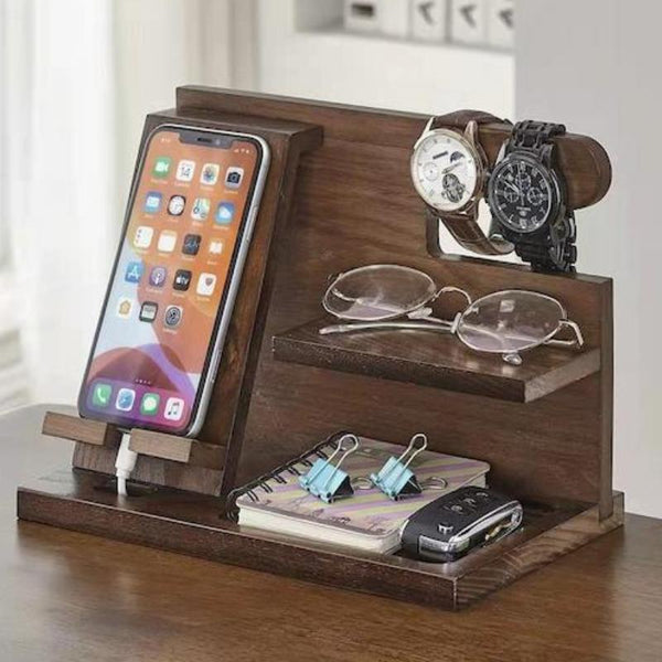 Wooden phone stand with different compartments